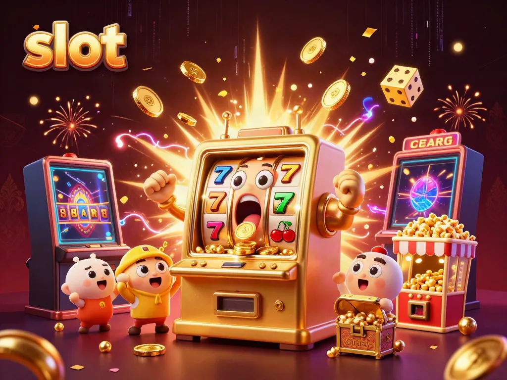 Slot mesin emas yang bergetar menyambut jackpot dengan koin berjatuhan, disertai mesin kecil bersorak.