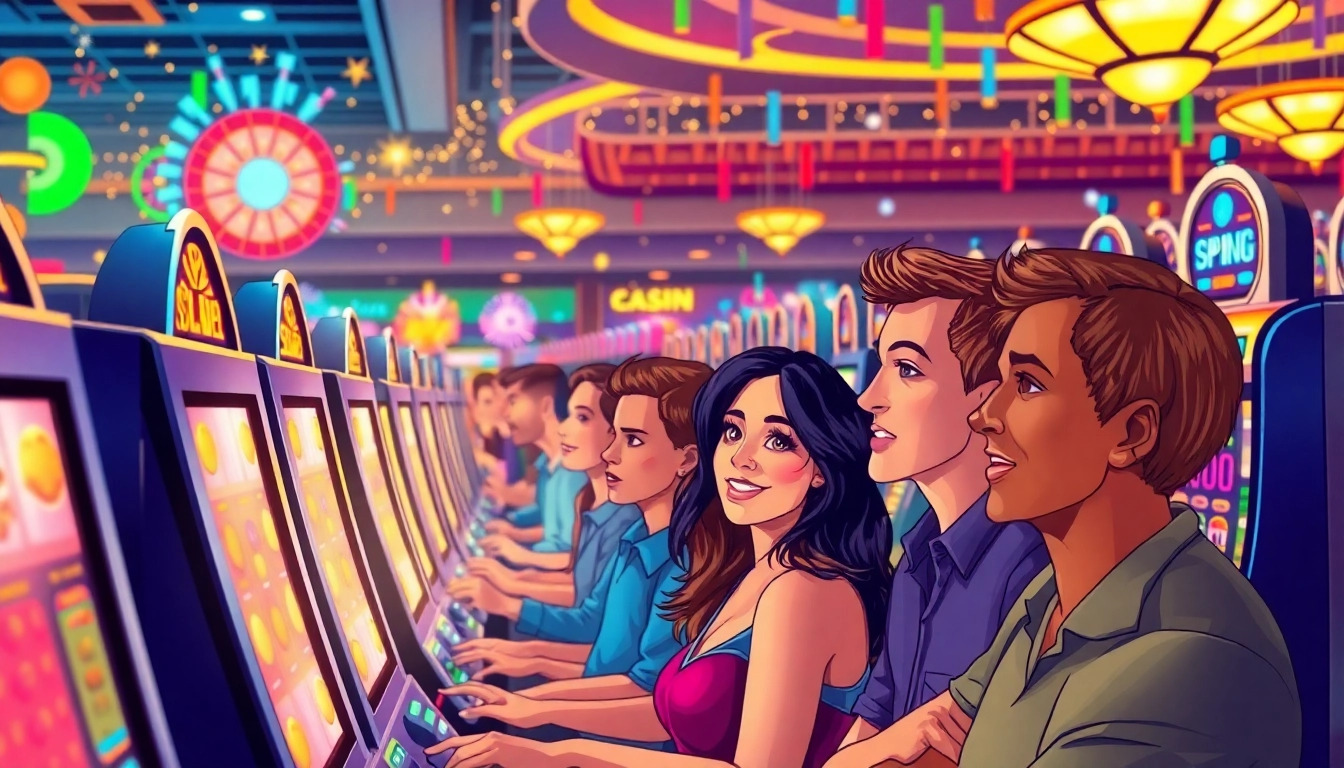 Experience the thrill of slot gambling with players engaged in vivid excitement at bustling machines.