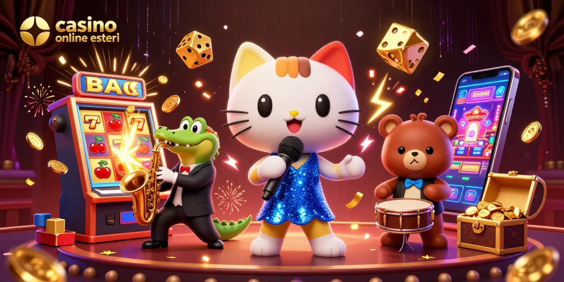 I casino online esteri offrono un'illustrazione vivace con un gatto jazz, un coccodrillo e un orsetto, immersi in ricchi simboli di gioco.
