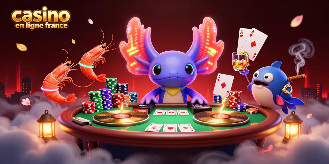 Jouez au casino en ligne France avec cette illustration amusante d'axolotl DJ entouré d'éléments de jeu.