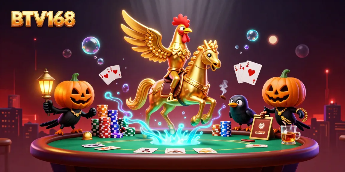 BTV168 introduces a vibrant casino scene with a golden rooster and spooky crows playing poker.