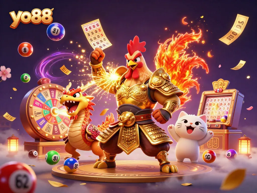 Win big with yo88 in a vibrant 3D gambling scene featuring a samurai rooster and dragon!