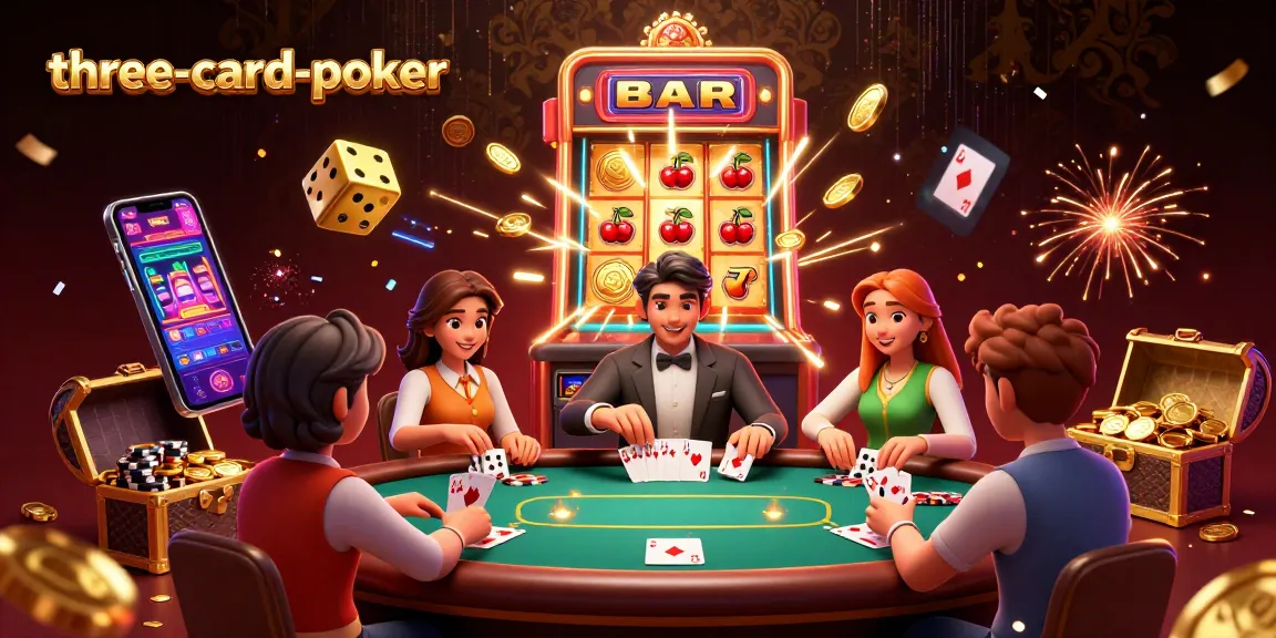 Engage in thrilling three-card-poker as players strategize with cards and chips at a vibrant casino table.