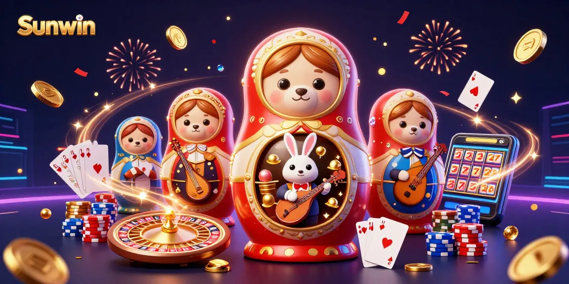 Immerse in Sunwin's vibrant casino world with bears and a serenading rabbit amidst sparkling game elements.