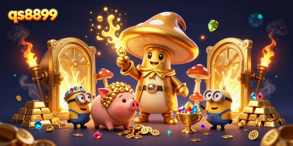 Join the adventure at qs8899 with a magical illustration of treasure, gold, and playful characters.