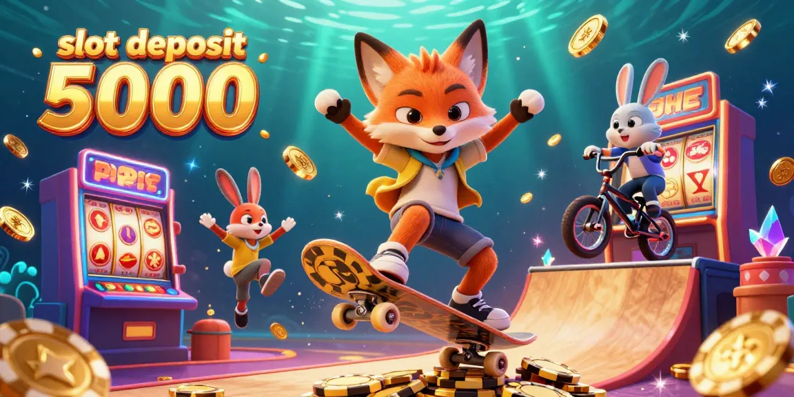 Experience thrilling slots at slot deposit 5000, featuring a skateboarder fox and BMX rabbit in a vibrant casino scene.