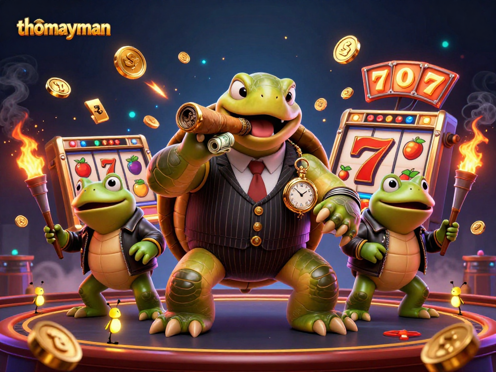 Spin the reels with thomayman in this vibrant 3D illustration featuring a lucky turtle and bullfrogs.
