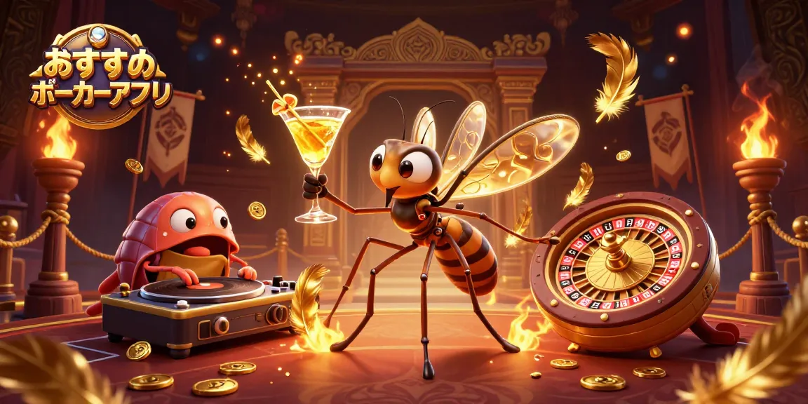 おすすめポーカーアプリを楽しむ、カジノのキャラクターが描かれた華やかなイラスト。