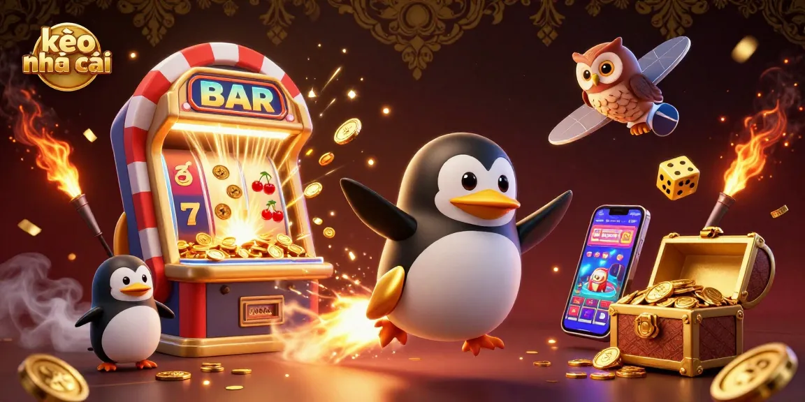 Experience thrilling kèo nhà cái action with a golden penguin and dazzling casino elements in this vibrant illustration.