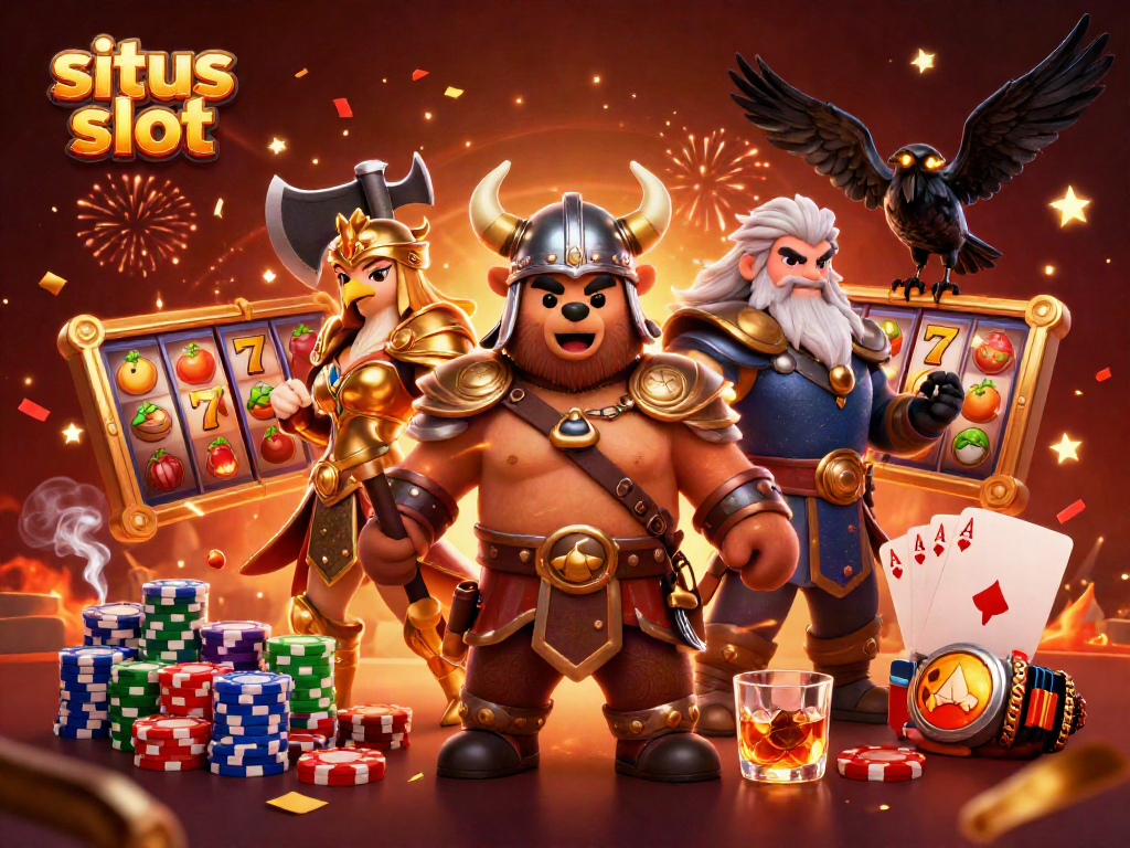 Ilustrasi dinamis situs slot dengan beruang Viking, elang Valkyrie, dan efek kasino lainnya.