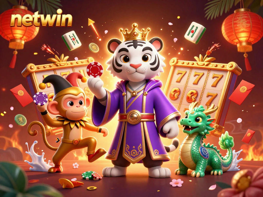 Engaging netwin illustration showcasing a white tiger, monkey, and dragon in a vibrant casino scene.