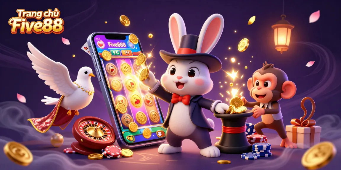 Experience excitement at Trang chủ Five88 with a 3D illustration featuring a magician rabbit and casino elements.