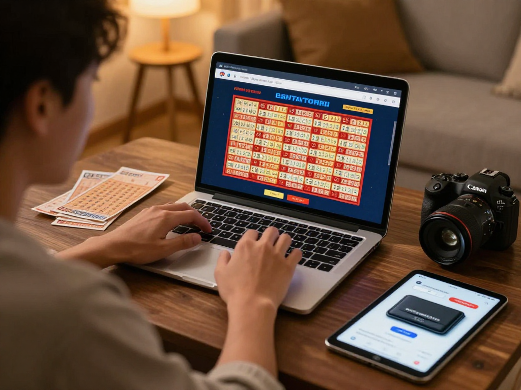 Dewatogel user enjoying online lottery gaming experience with laptop and digital wallet.