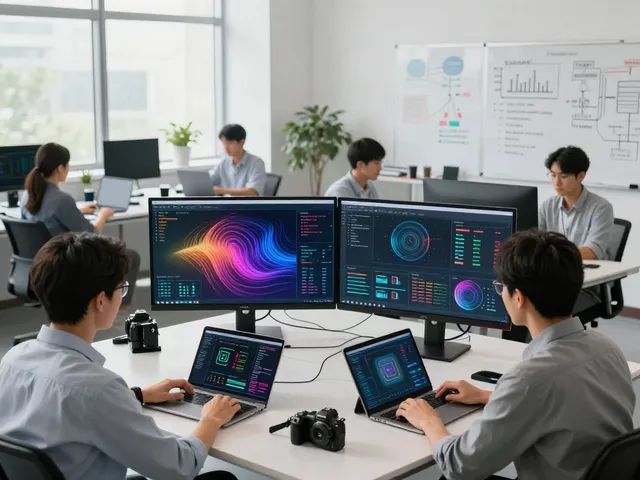Engineers collaborating on GPU computing at a high-tech office.
