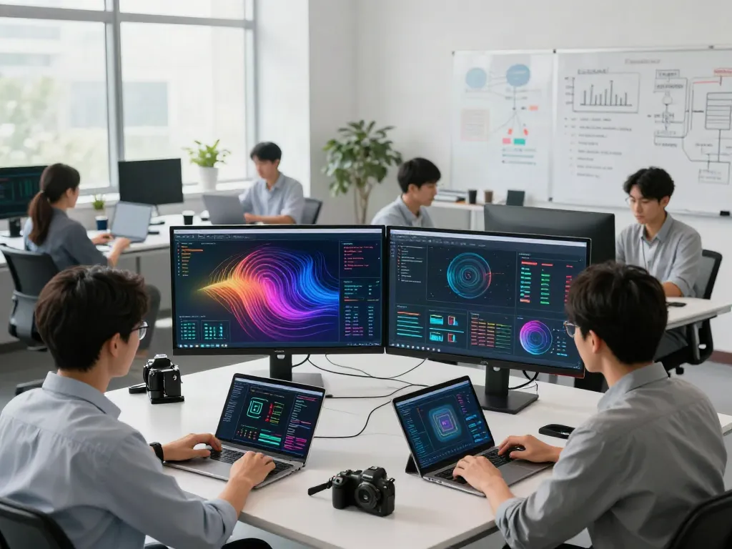 Engineers collaborating on GPU computing at a high-tech office.