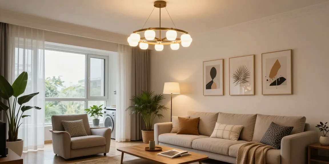 Lustra living elegantă într-un living modern, lumină naturală și decor contemporan.