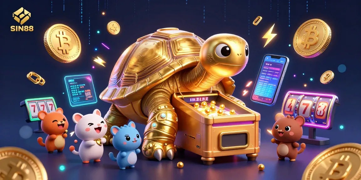 SIN88 players enjoying a colossal pinball machine themed tortoise casino scene filled with vibrant Bitcoin and Ethereum elements.
