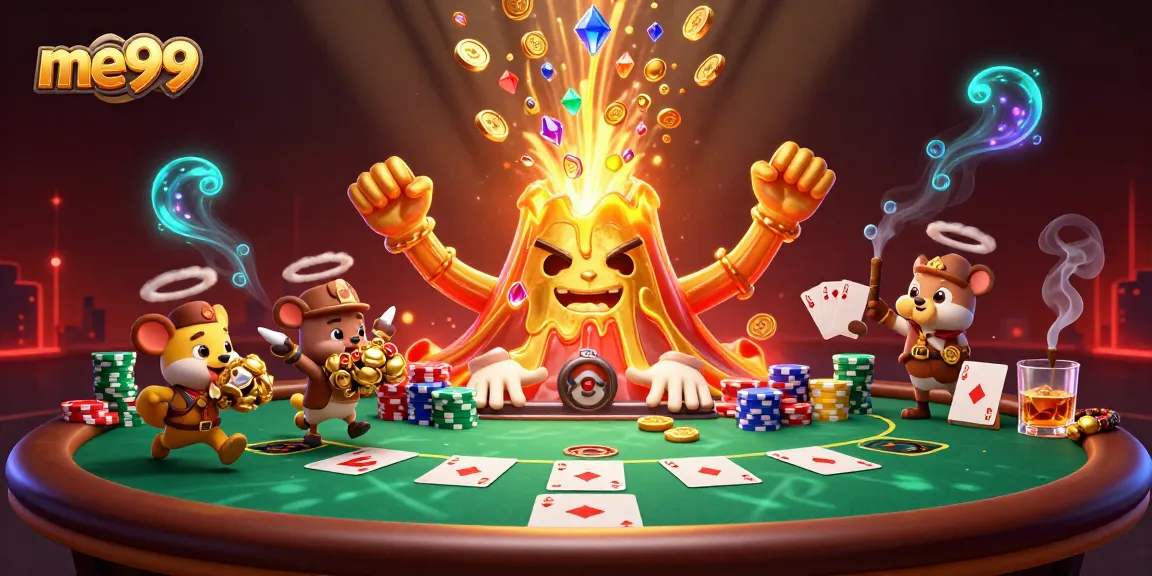 Experience the thrill of me99 with a golden volcano, treasure, and poker elements in an exciting casino scene.