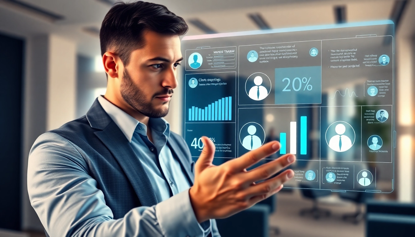 Create a dynamic interface with klipy AI showcasing sales data and interactions in a modern office.