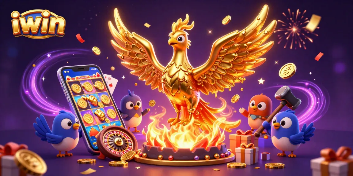 Experience thrilling iwin slots with a golden phoenix and dynamic gaming elements.