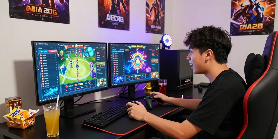 M98 ล๊อตเว็บตรง 2026 engaging online gaming scene with a focused gamer at dual screens.