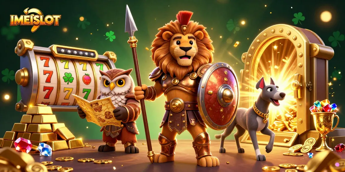Experience the excitement of IMEISLOT with 3D characters and dynamic slot elements in a vibrant casino scene.
