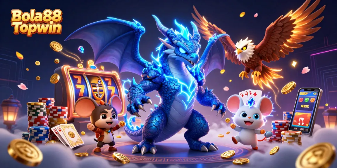 Bola88 Topwin offers thrilling experiences with electric dragons and colorful slot elements in an exciting casino scene.