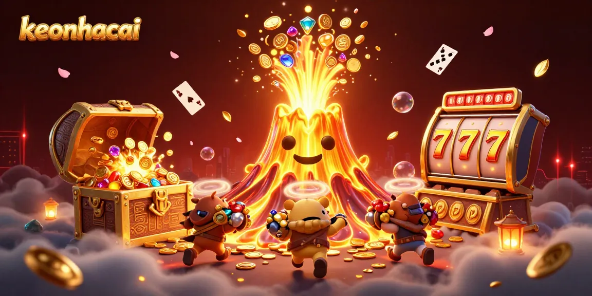 Engage with keonhacai in an exhilarating 3D cartoon scene of a golden volcano erupting coins and treasures, encapsulating the thrill of casino action.