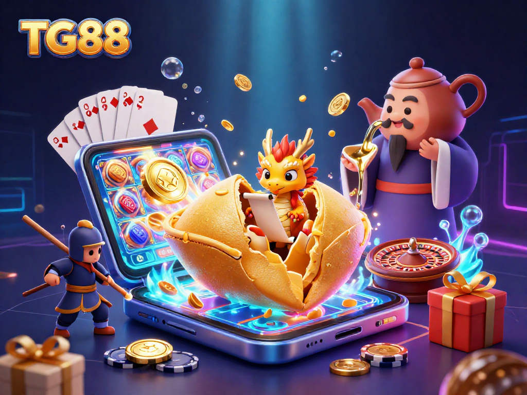 Spin to win at TG88 with a vibrant 3D casino scene featuring a fortune cookie and dragon.