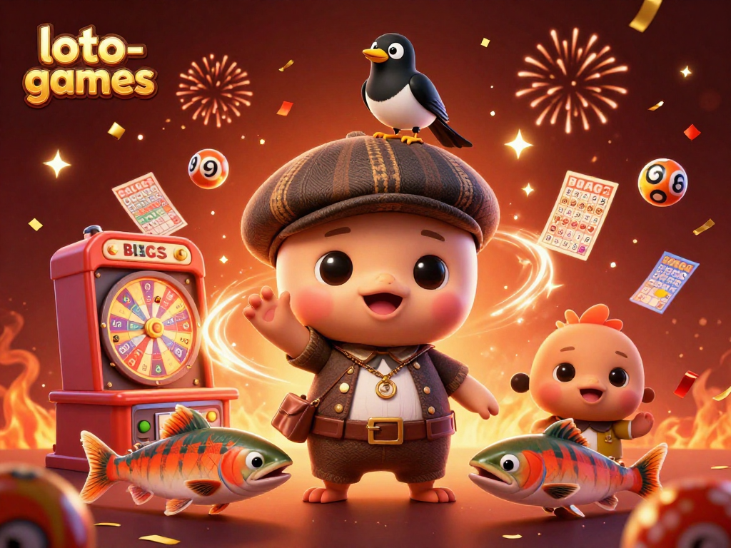 Experience excitement at loto-games with a colorful lottery scene featuring playful characters and engaging gaming elements.
