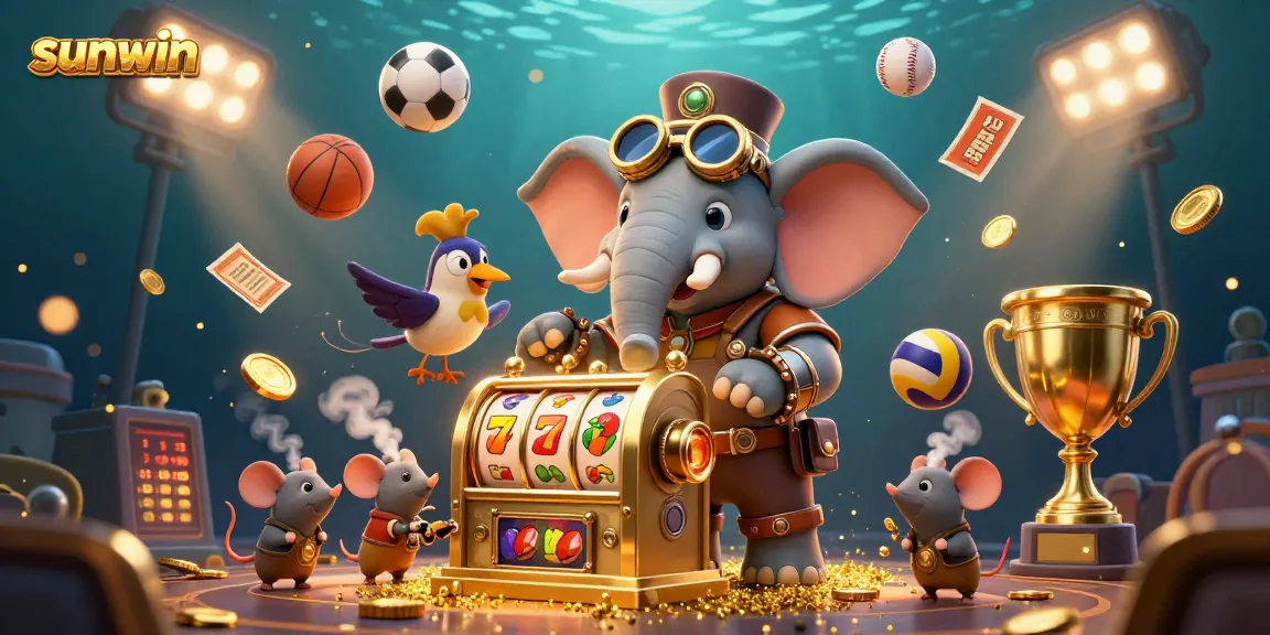 Engage with the exhilarating sunwin casino scene featuring a steampunk elephant engineer and dynamic sports elements.