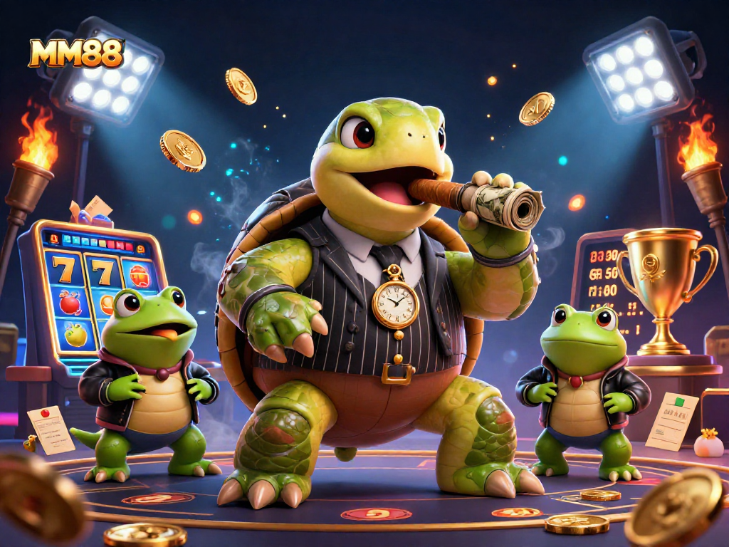 Engage with MM88's thrilling 3D casino world featuring a snapping turtle and bullfrog enforcers.