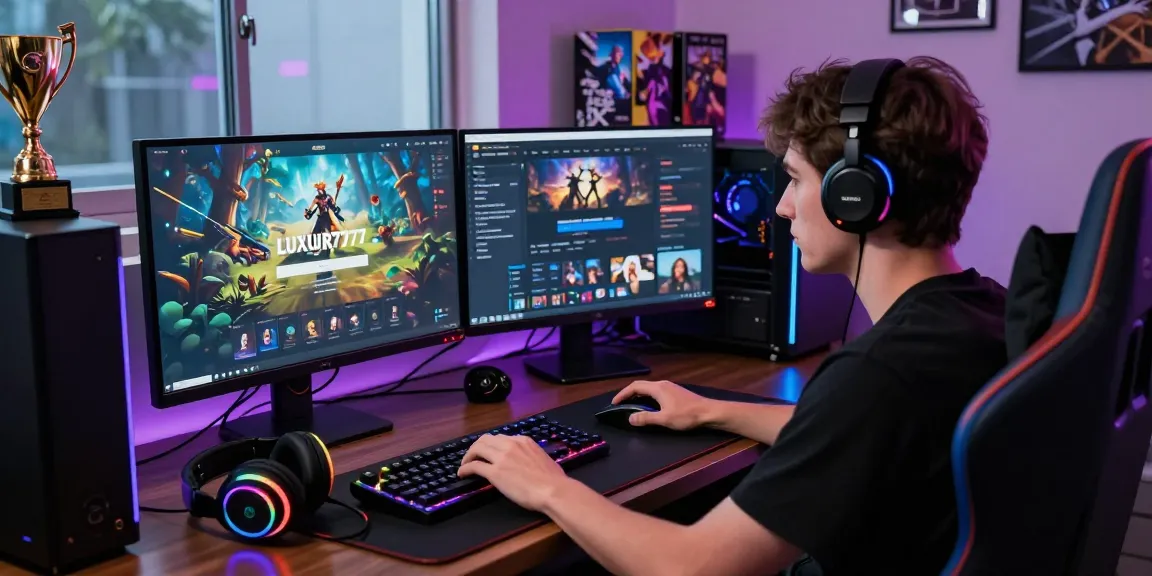 Cara Login LUXURY777 dengan pemain game serius di meja modern, aksesori gaming yang berkilau.