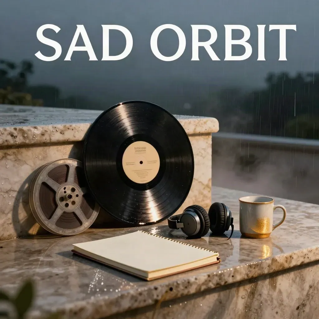 Rain-slick terrace with vinyl, film reel, notebook, headphones, and mug under a hard night glint