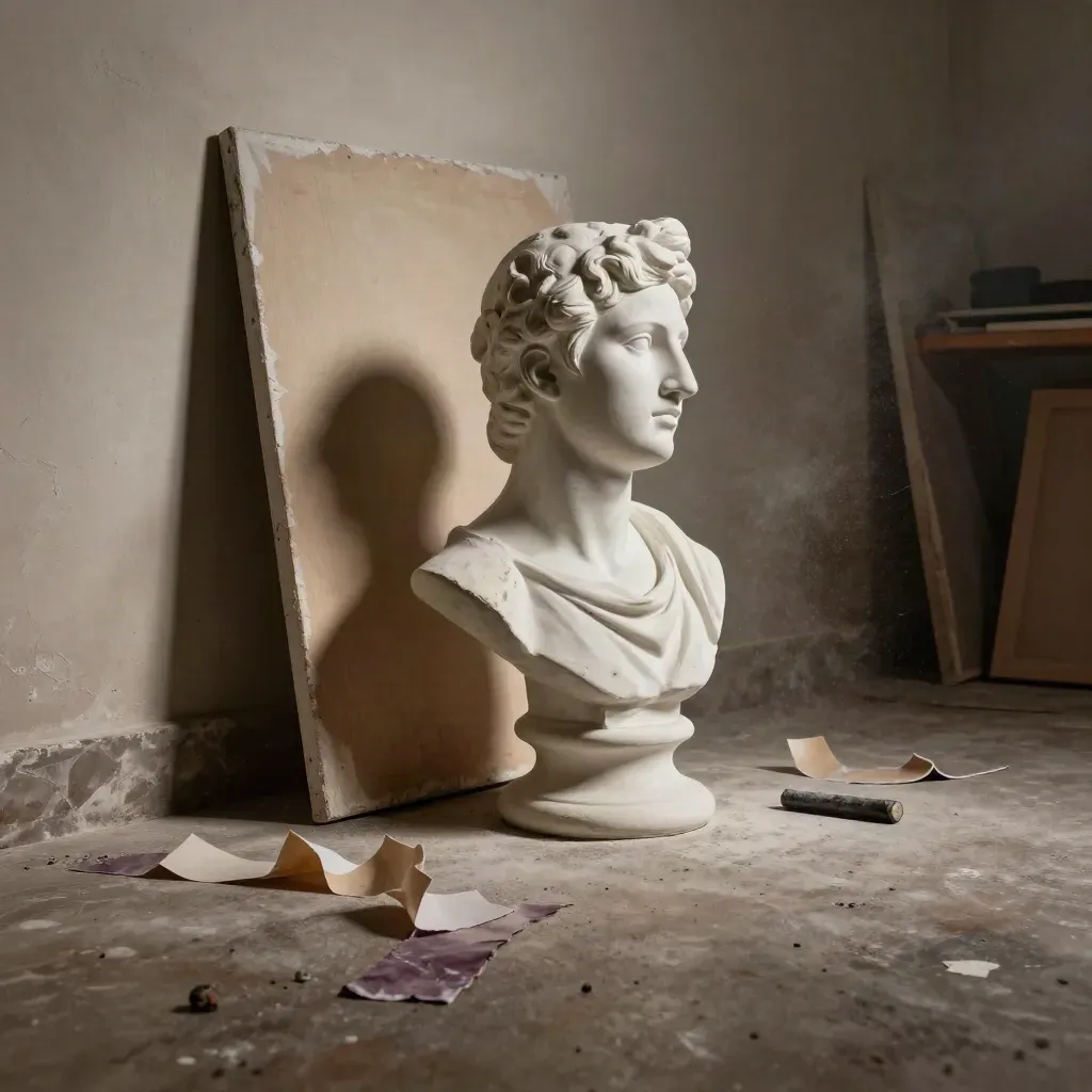 Plaster bust and leaning canvas on a dusty studio floor, lit hard from upper left.