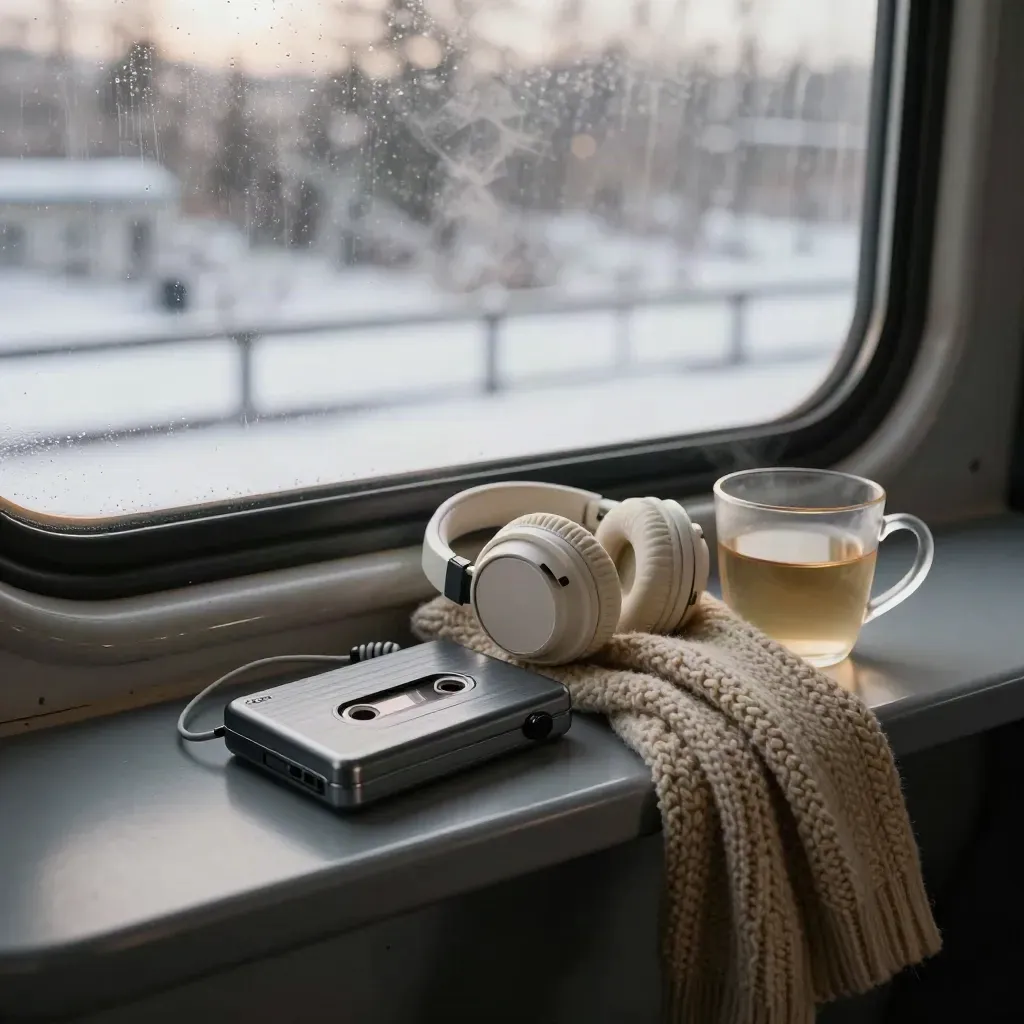 Cassette player, scarf and frosted mug on a train windowsill in winter light