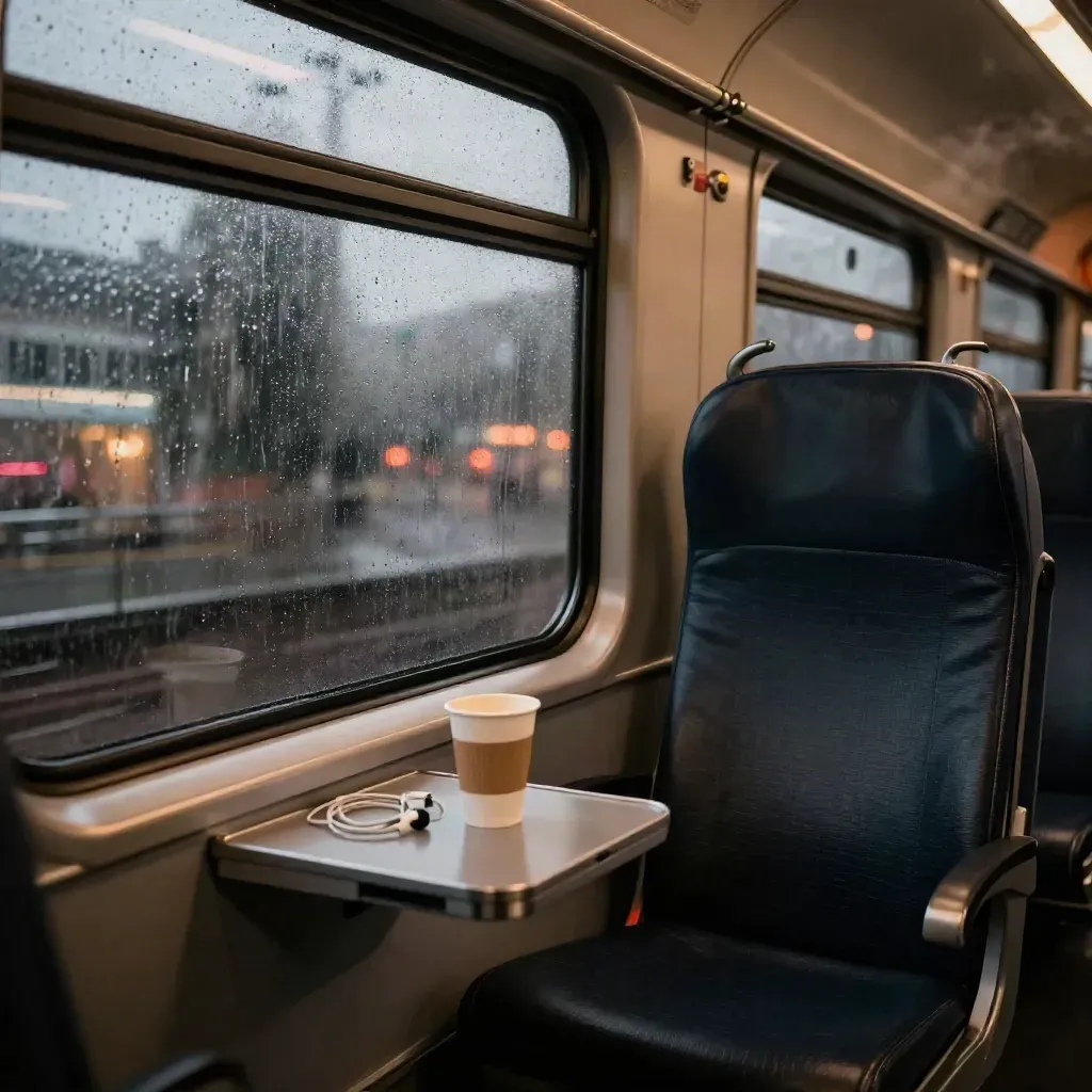 Rainy train window with earbuds, cup ring, and navy seat back in winter light.