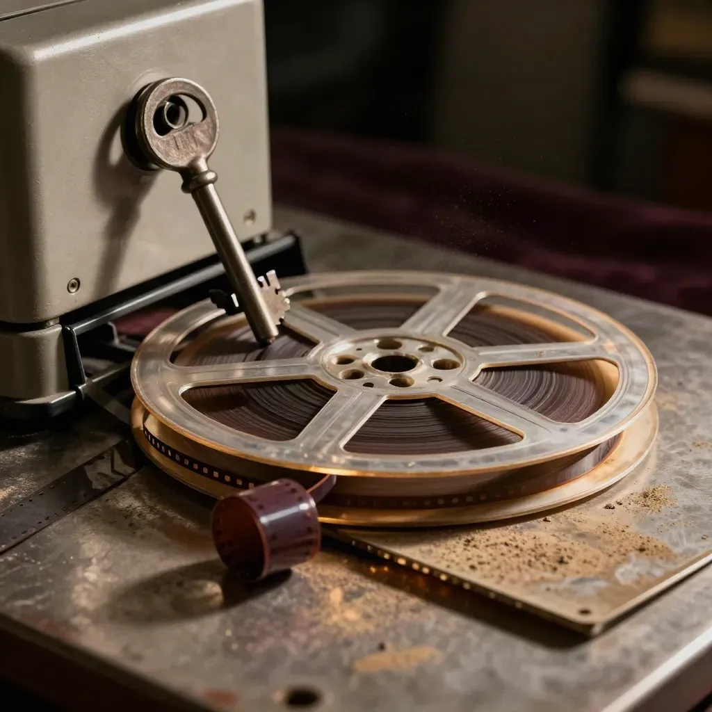 A 16mm reel threads through a projector gate beside a metal canister in moody gold light.