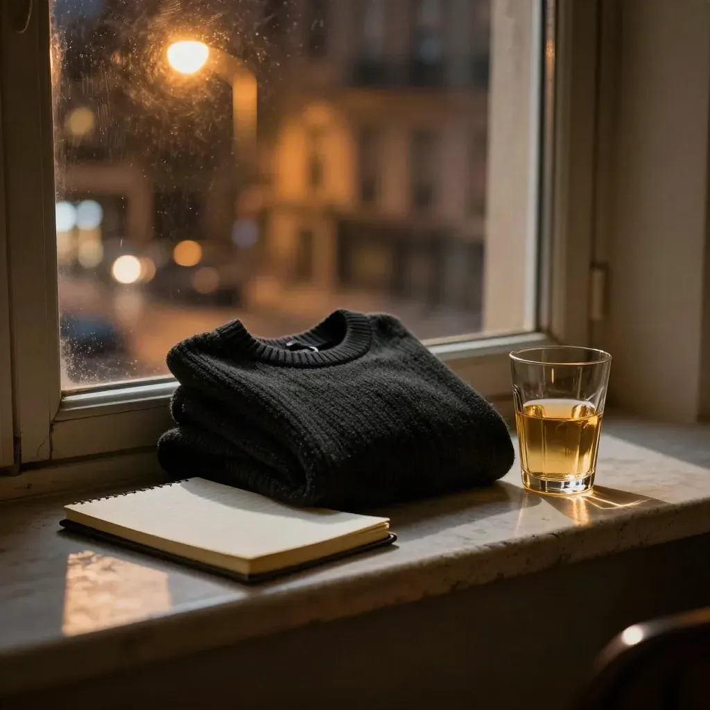 Night window ledge with sweater, closed notebook and half-full glass under city reflections.