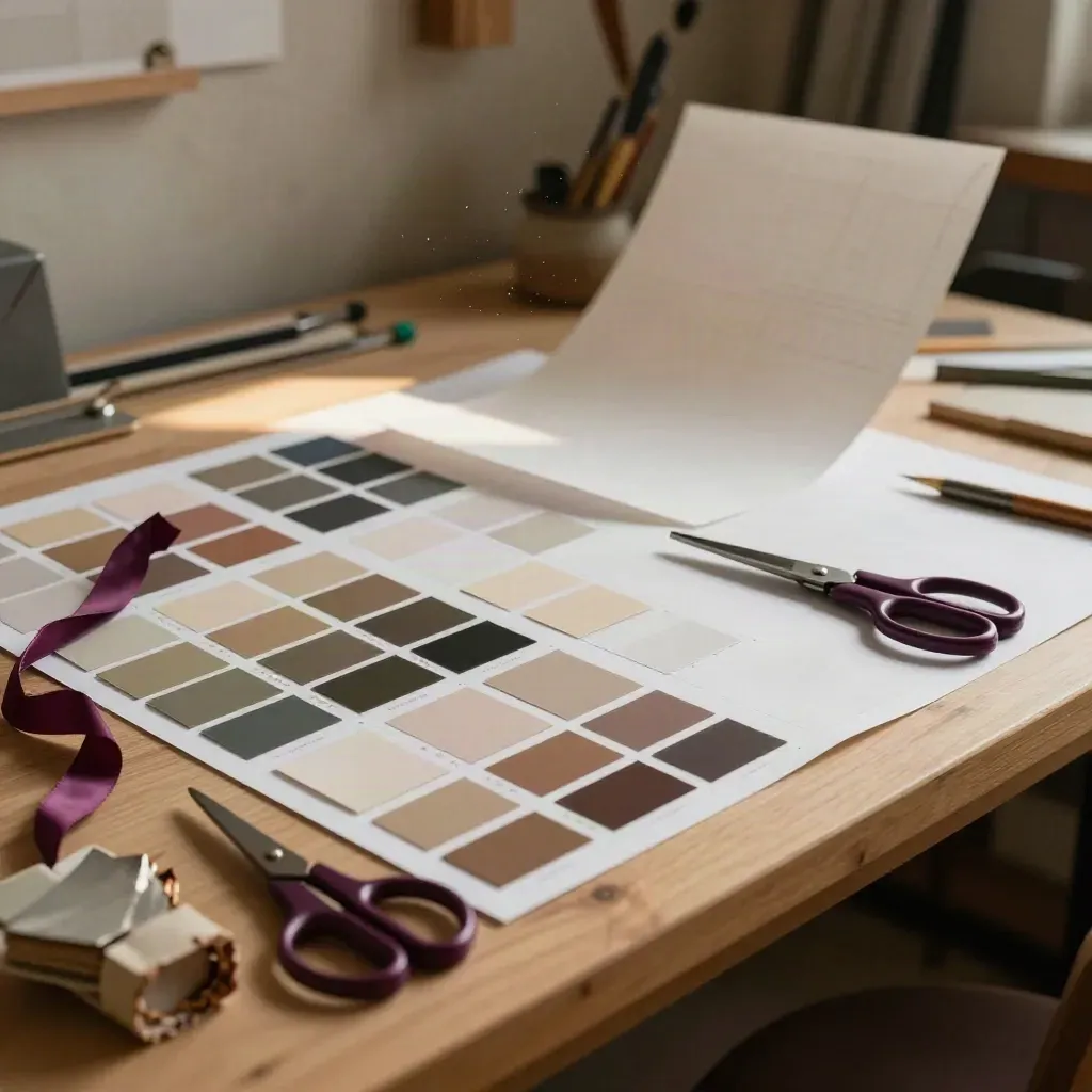 Drafting table with swatches, scissors and pinned color chips in dramatic sidelight.