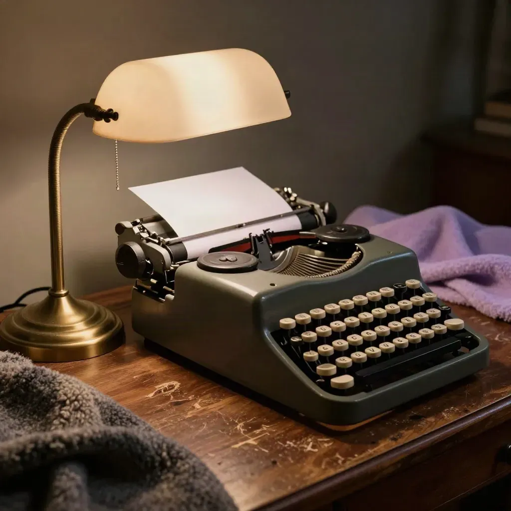 Midnight typewriter beside a glowing lamp, folded blanket, and blank page on a walnut desk.