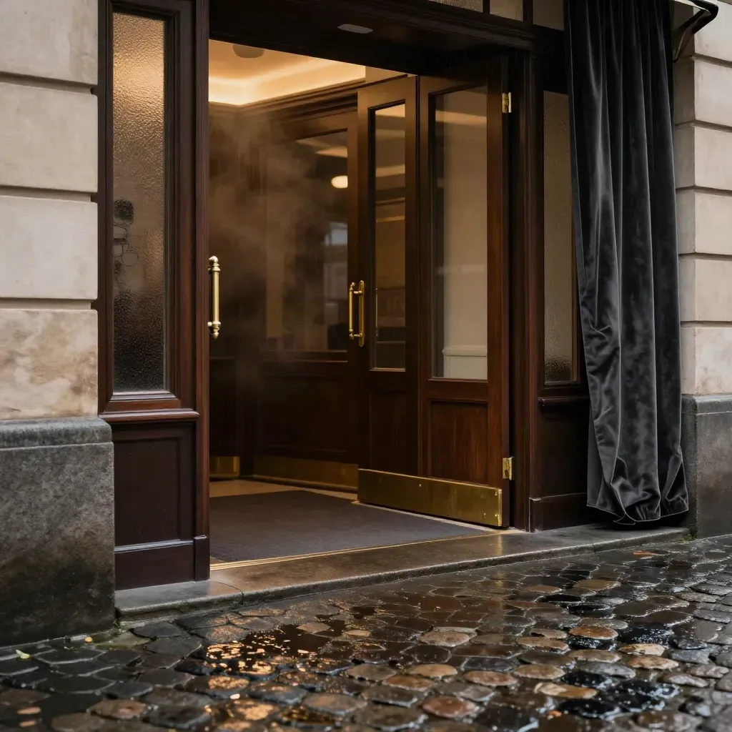 Rainy arthouse doorway with velvet curtain edge, amber glow, and wet pavement at night.
