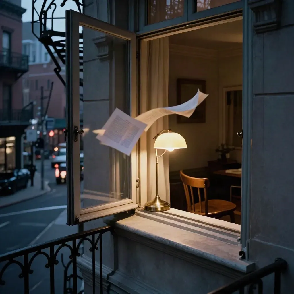 Window, lamp, chair back, and fluttering papers above a blue city street at dusk
