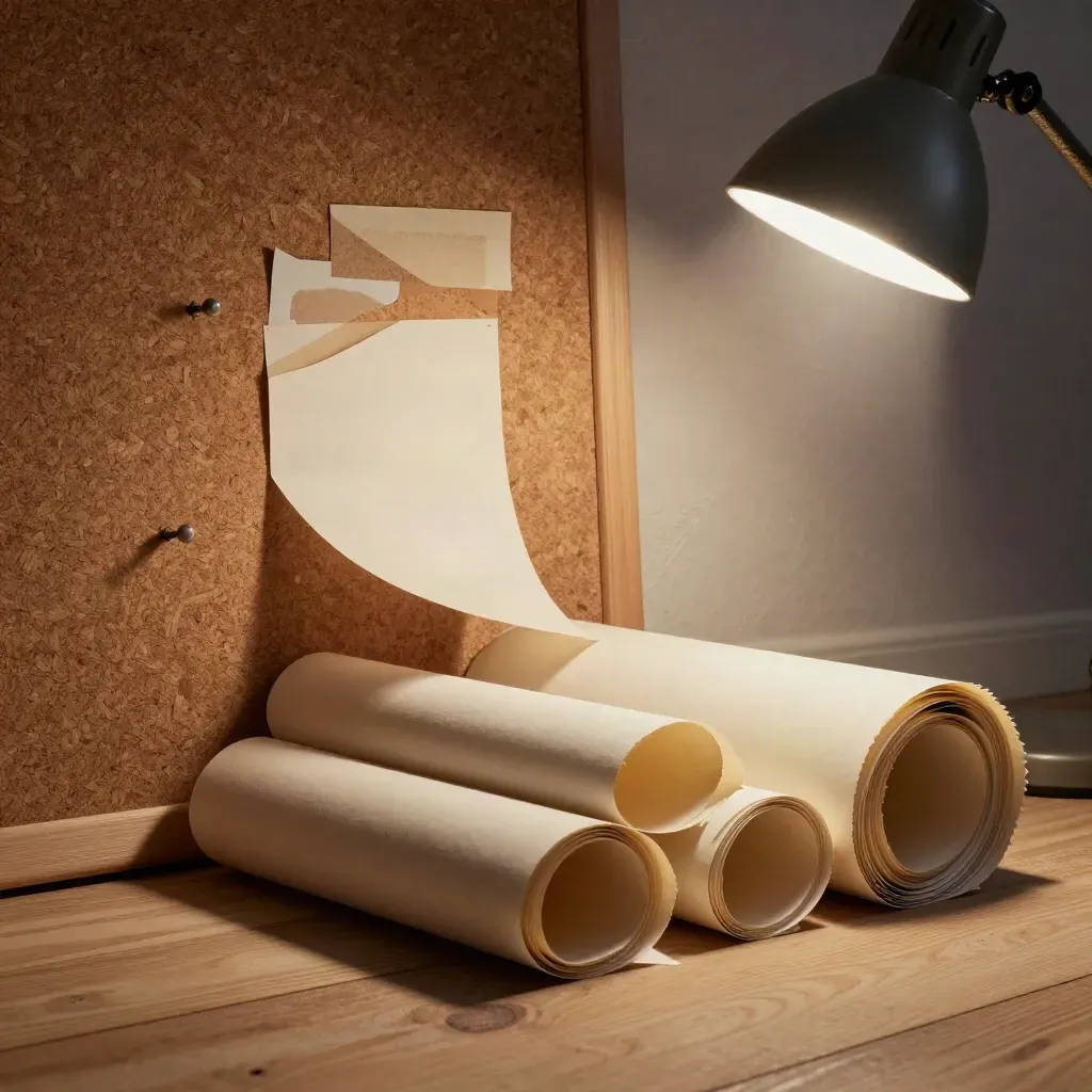 Rolled art posters and a pin board lit by a desk lamp beam across a plaster wall.