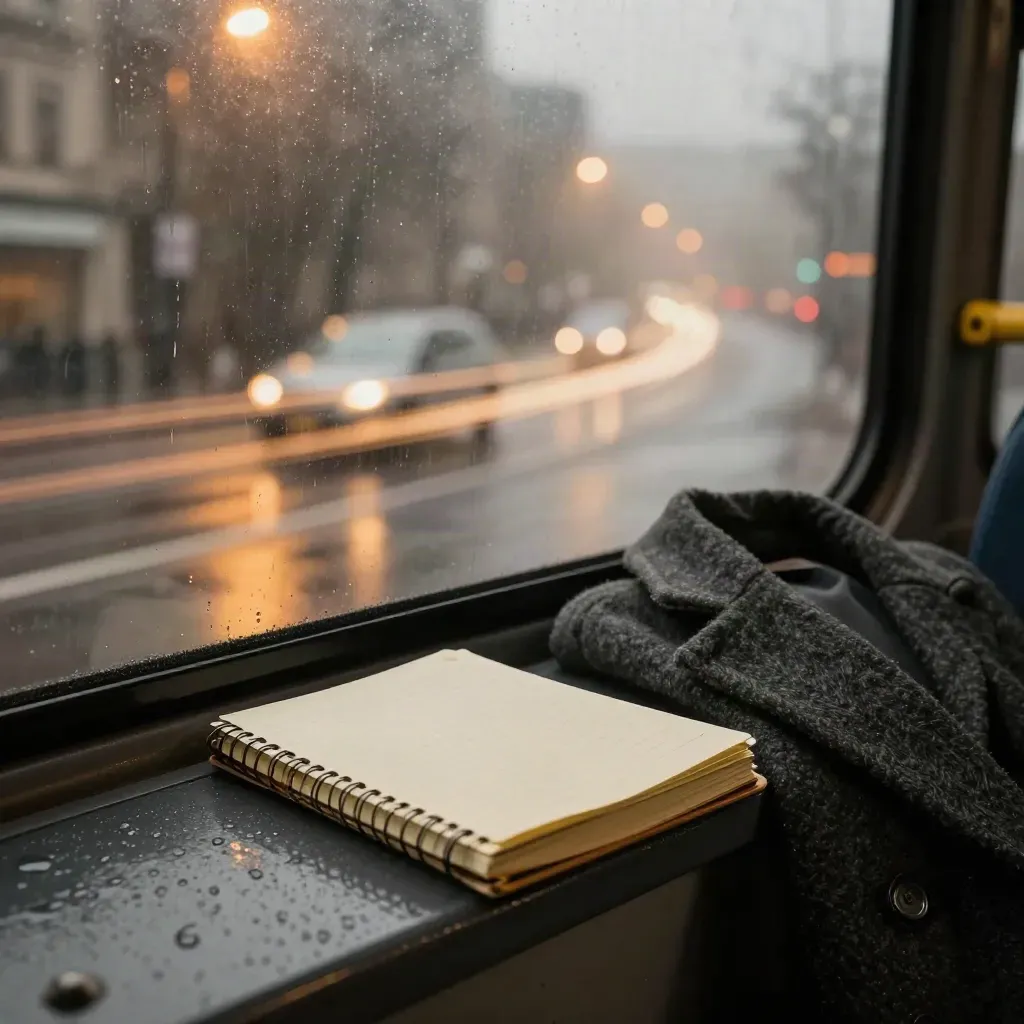 Rainy bus window, notebook and coat on the sill, city lights streaking past at night.