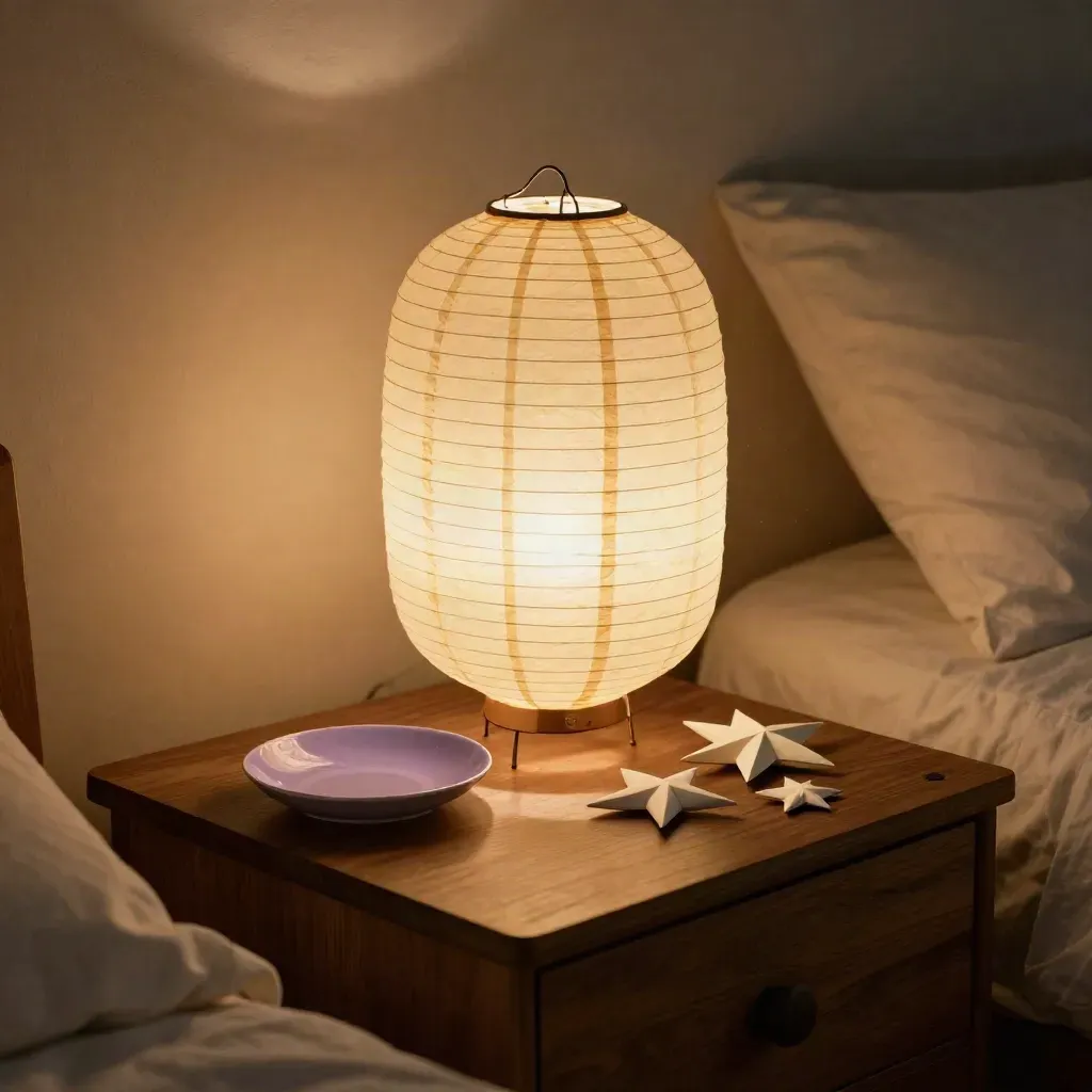 Pale paper lantern, folded stars, and lavender ceramic dish on a cozy nightstand