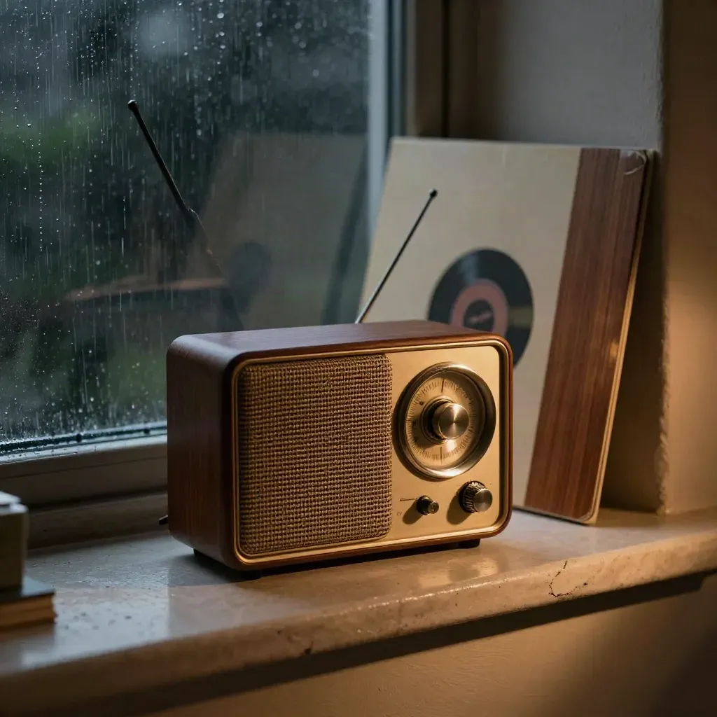 Small navy analog radio on a rain-lit windowsill with a blurred record sleeve behind it.