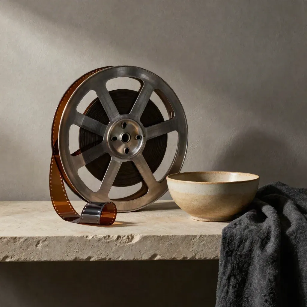35mm film reel with curling strip, ceramic bowl and linen cloth on a stone shelf