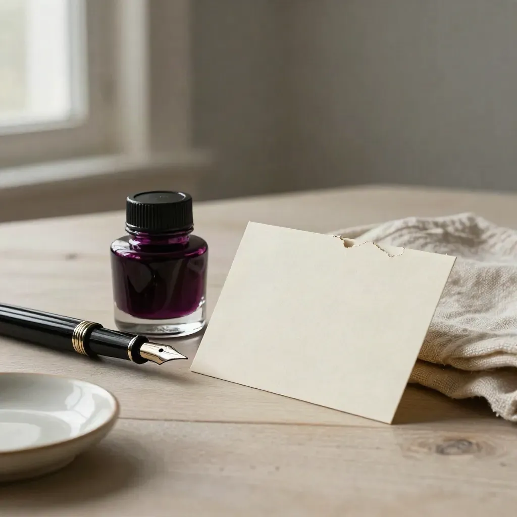 Fountain pen nib, sealed ink bottle and torn card on pale wood in soft side light.