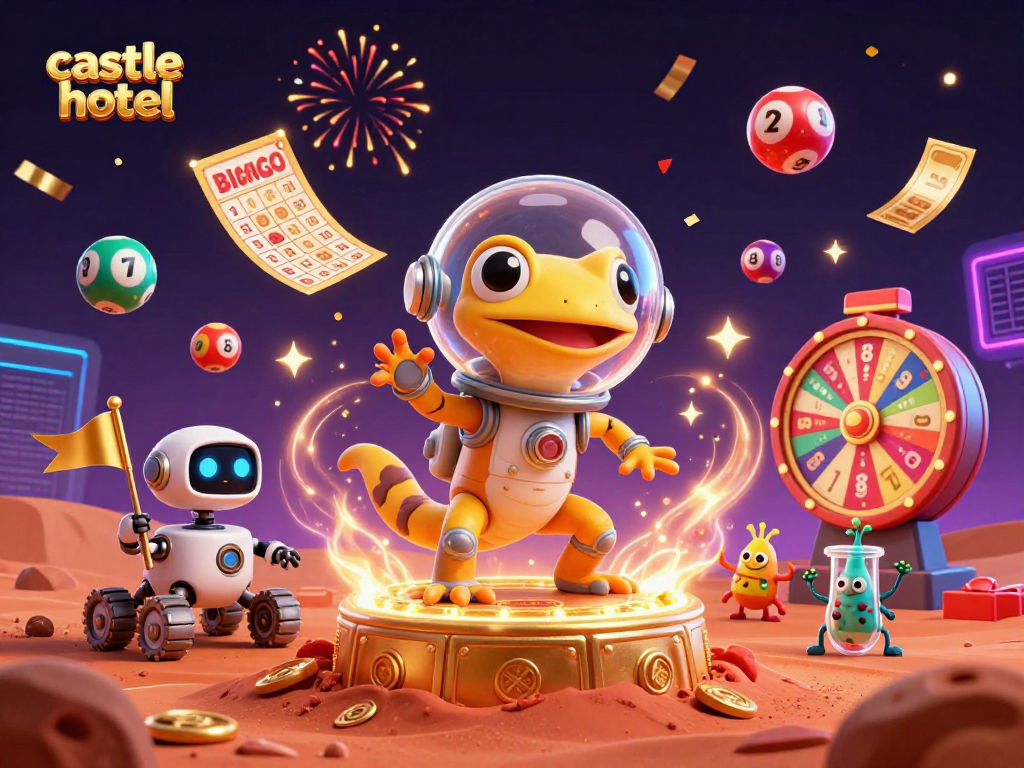 Castlehotel's vibrant gaming atmosphere showcases a Martian gecko discovering a golden casino amidst colorful lottery action.
